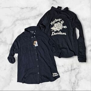 NWT Harley Davidson Roses Convertible Roll-Tab Sleeve Button Up Woven Medium